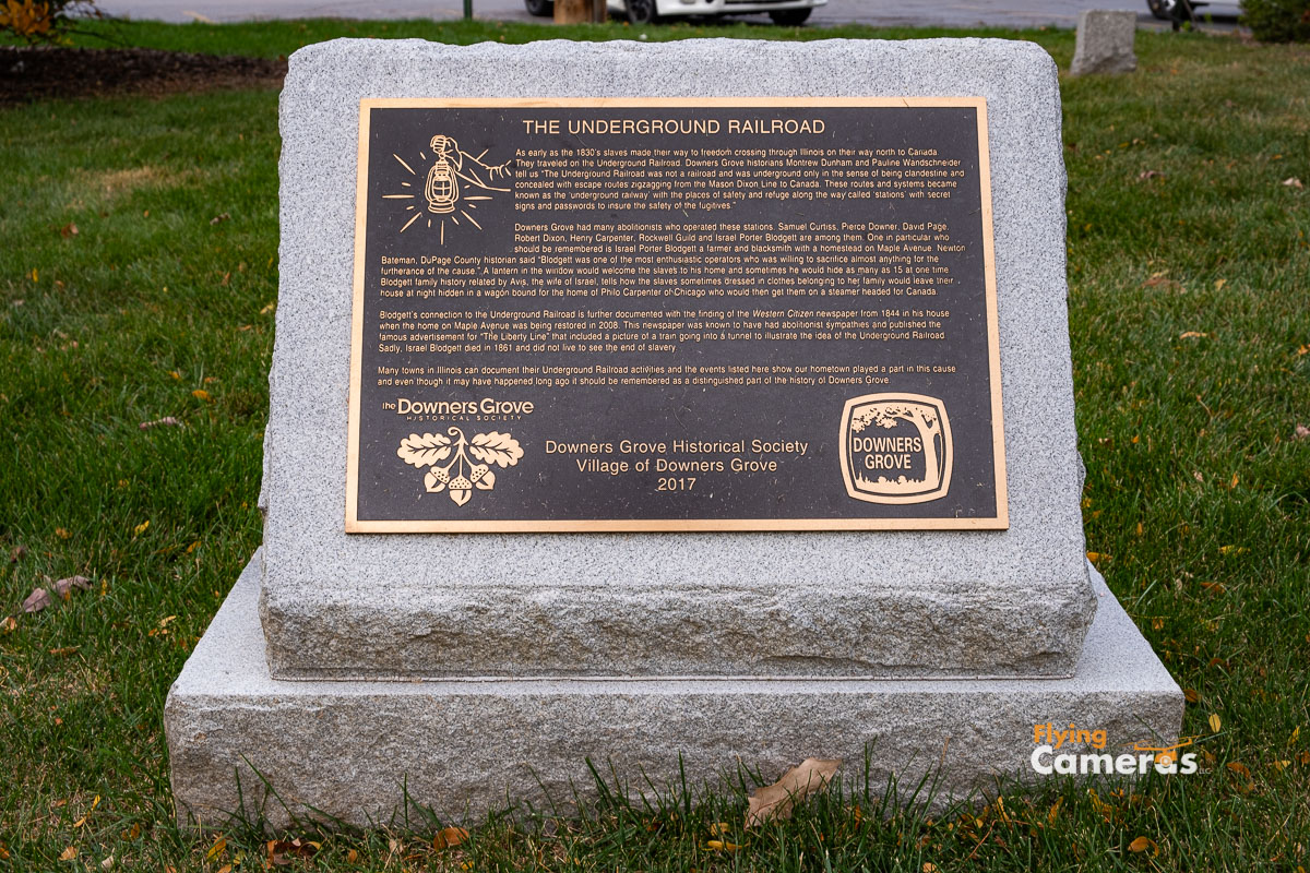 Underground railroad plaque in Downers Grove cemetery commemorating residents helpful to slaves fleeing to Canada